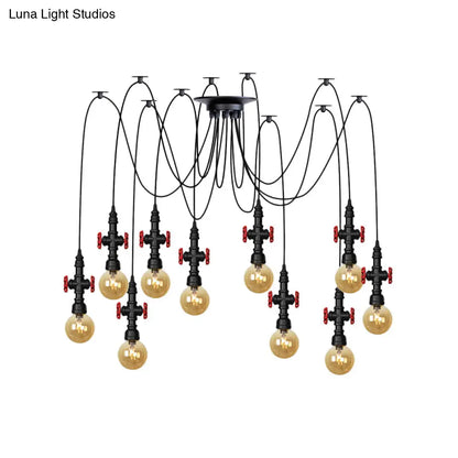 Industrial Amber Glass Swag Pendant Light Fixture with LED Multi Ceiling and Valve Deco - Globe Restaurant, Black, 2/3/6-Head Design