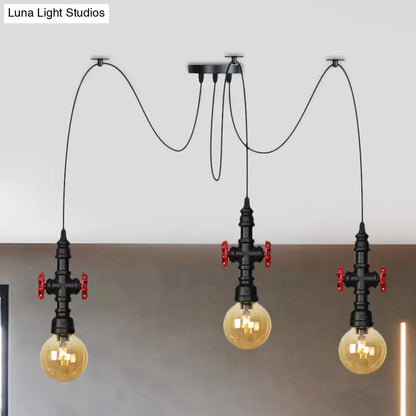 Industrial Amber Glass Swag Pendant Light Fixture with LED Multi Ceiling and Valve Deco - Globe Restaurant, Black, 2/3/6-Head Design