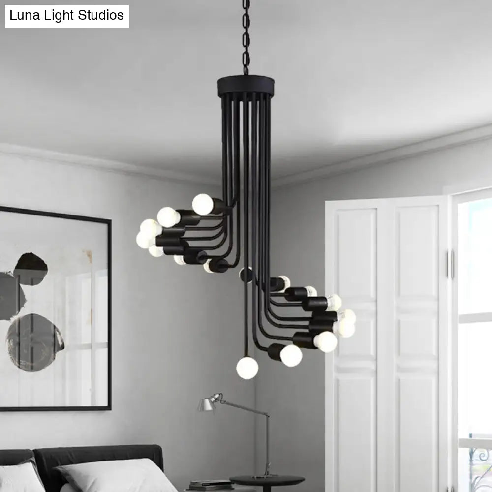 Industrial Angled Arm Ceiling Chandelier with Spiral Iron Design - Black Finish, 16/26 Bulbs - Perfect for Dining Room Pendant Lighting