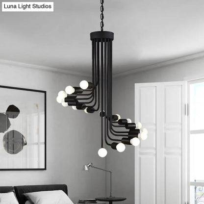 Industrial Angled Arm Ceiling Chandelier with Spiral Iron Design - Black Finish, 16/26 Bulbs - Perfect for Dining Room Pendant Lighting
