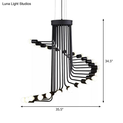 Industrial Angled Arm Ceiling Chandelier with Spiral Iron Design - Black Finish, 16/26 Bulbs - Perfect for Dining Room Pendant Lighting