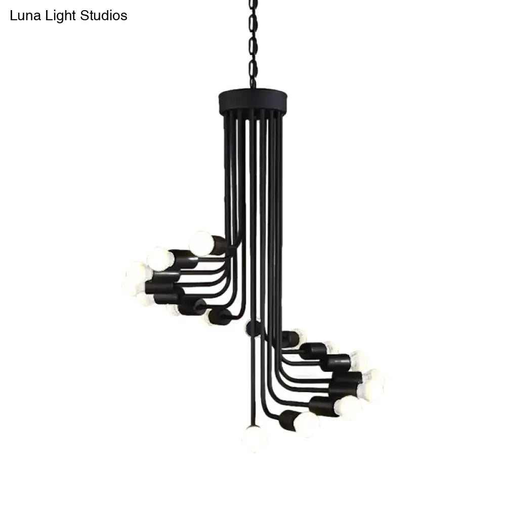 Industrial Angled Arm Ceiling Chandelier with Spiral Iron Design - Black Finish, 16/26 Bulbs - Perfect for Dining Room Pendant Lighting