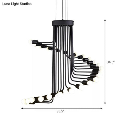 Industrial Angled Arm Ceiling Chandelier with Spiral Iron Design - Black Finish, 16/26 Bulbs - Perfect for Dining Room Pendant Lighting