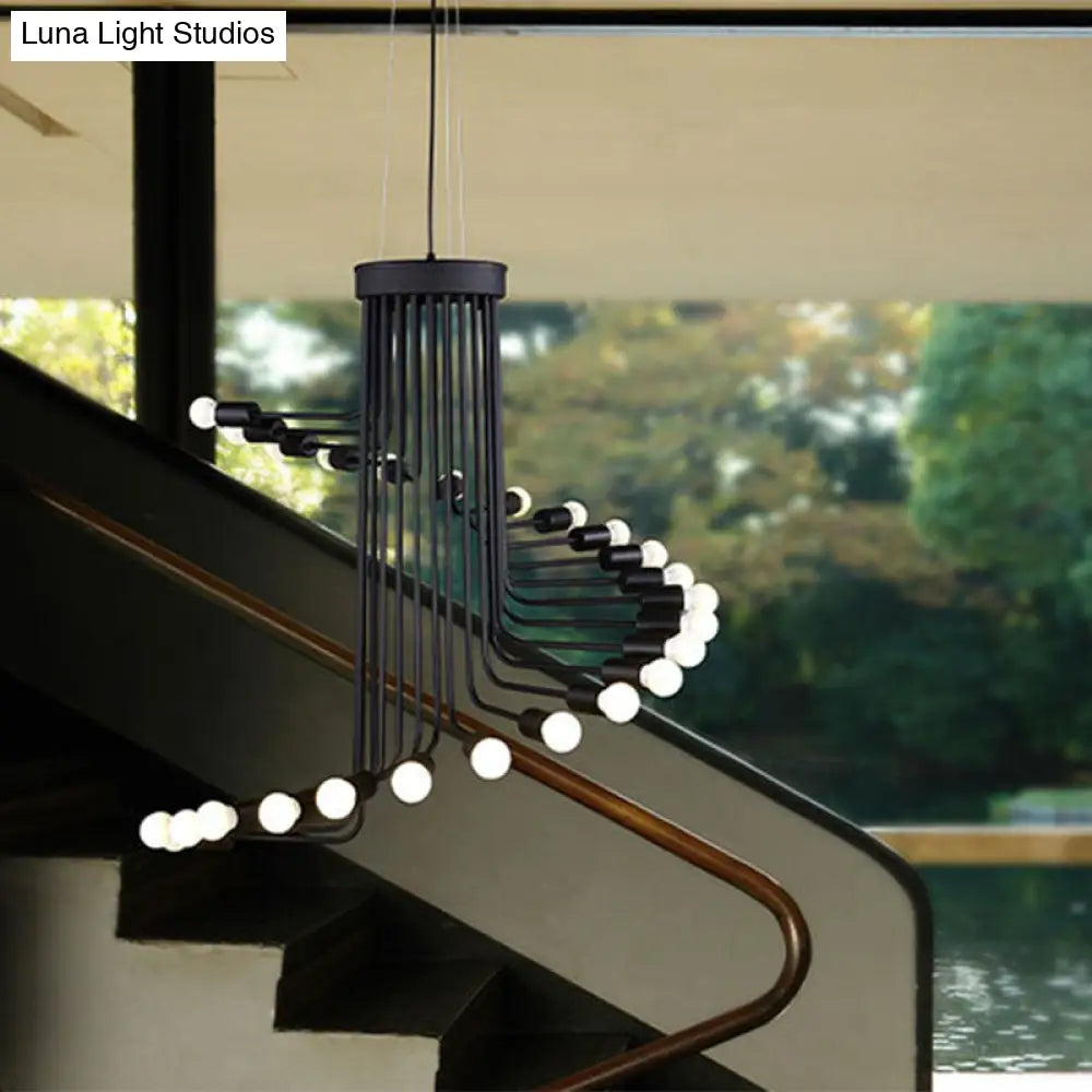 Industrial Angled Arm Ceiling Chandelier with Spiral Iron Design - Black Finish, 16/26 Bulbs - Perfect for Dining Room Pendant Lighting