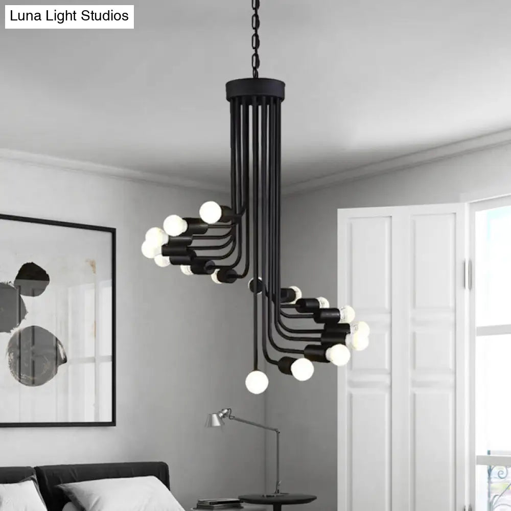 Industrial Angled Arm Ceiling Chandelier with Spiral Iron Design - Black Finish, 16/26 Bulbs - Perfect for Dining Room Pendant Lighting