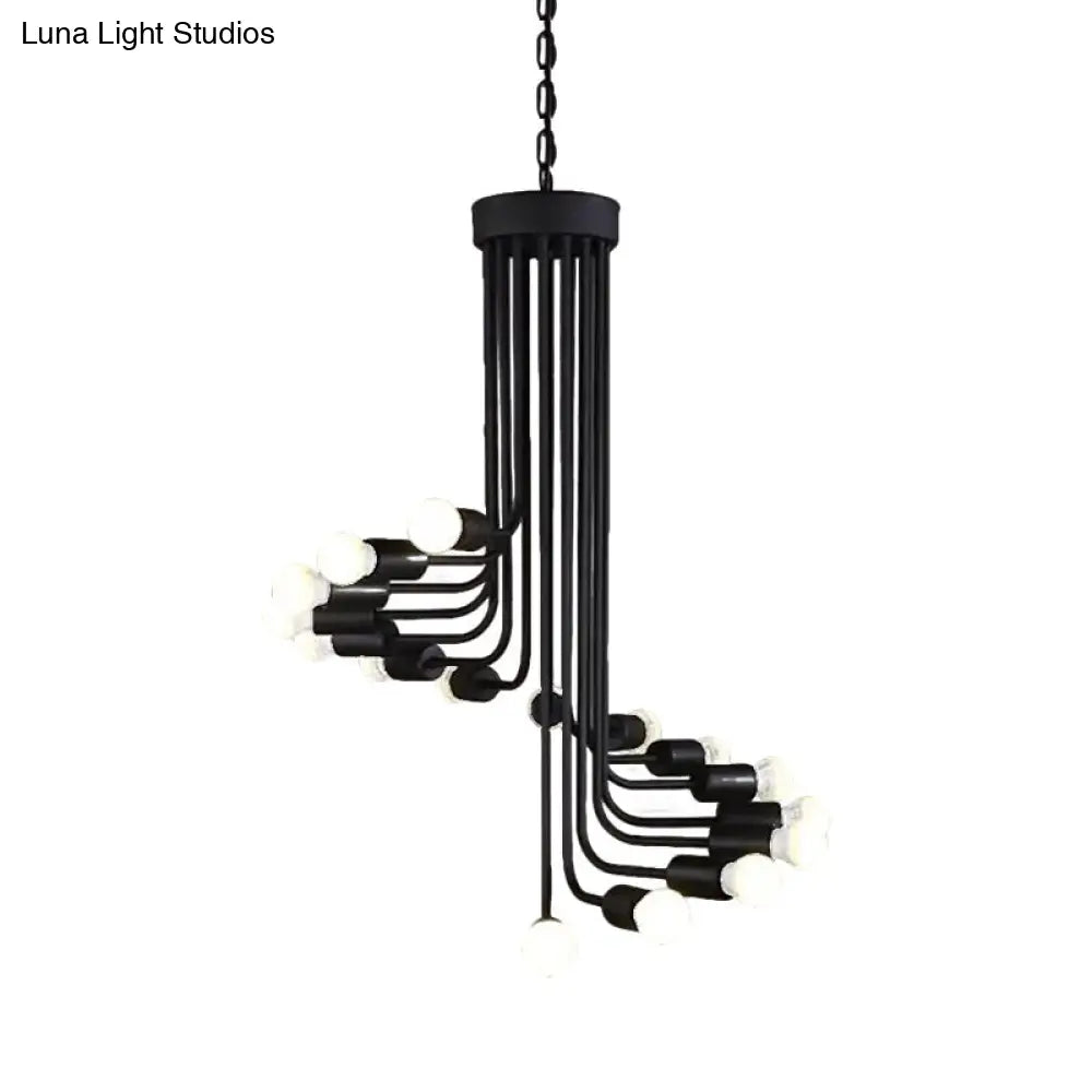 Industrial Angled Arm Ceiling Chandelier with Spiral Iron Design - Black Finish, 16/26 Bulbs - Perfect for Dining Room Pendant Lighting