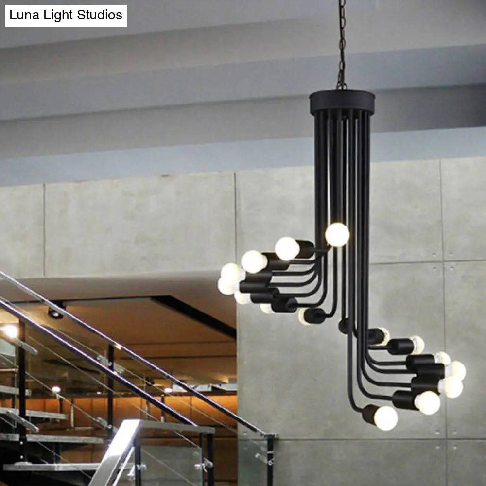 Industrial Angled Arm Ceiling Chandelier with Spiral Iron Design - Black Finish, 16/26 Bulbs - Perfect for Dining Room Pendant Lighting
