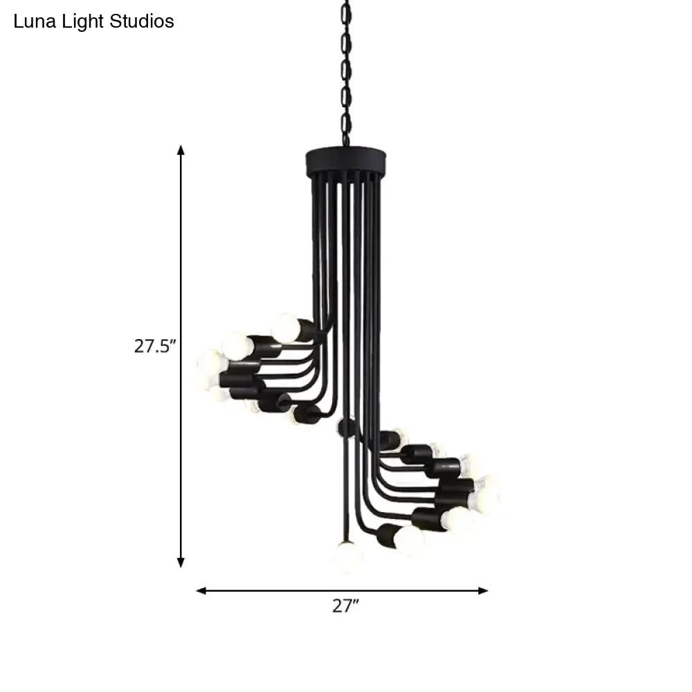 Industrial Angled Arm Ceiling Chandelier with Spiral Iron Design - Black Finish, 16/26 Bulbs - Perfect for Dining Room Pendant Lighting