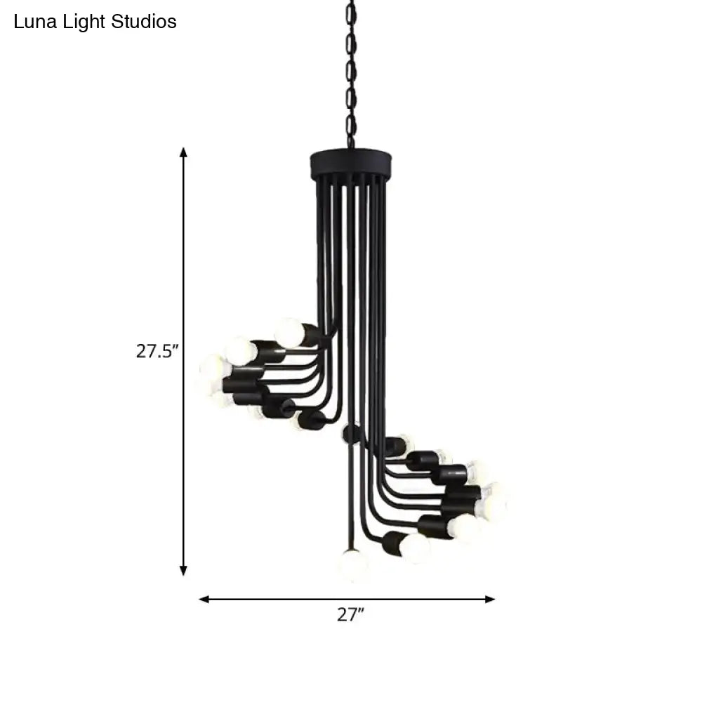 Industrial Angled Arm Ceiling Chandelier with Spiral Iron Design - Black Finish, 16/26 Bulbs - Perfect for Dining Room Pendant Lighting