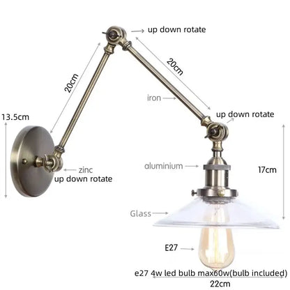 Industrial antique brass adjustable wall sconce with zinc aluminum arm clear glass shade and e27 led bulb decorbites industrial adjustable