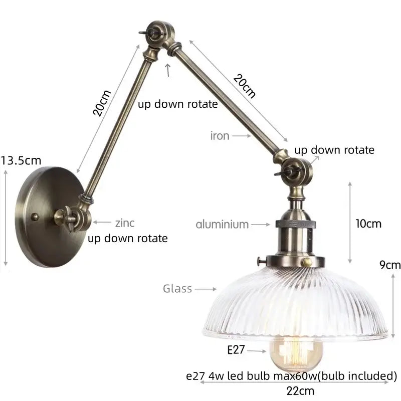 Adjustable vintage-style industrial brass wall sconce with iron and aluminum arm and ribbed glass shade for bedroom decorbites industrial adjustable led lighting