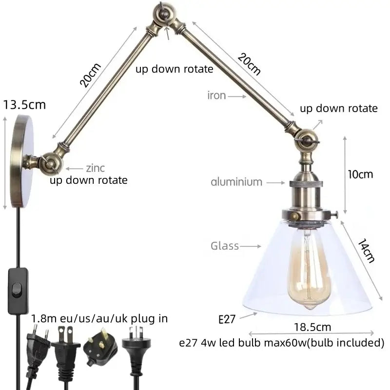 Industrial antique brass adjustable wall sconce with brass-finished iron and aluminum arm and clear glass shade for bedroom decorbites industrial adjustable led lighting