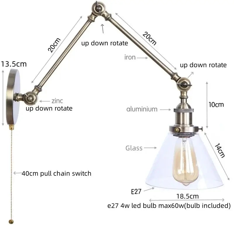 Industrial antique brass adjustable wall sconce with brass-finished iron and aluminum arm and clear glass shade for bedroom decorbites industrial adjustable led light