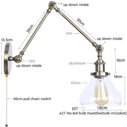 Industrial antique brass adjustable wall sconce with brass-finished iron arm and clear glass shade for bedroom decorbites industrial adjustable led lighting