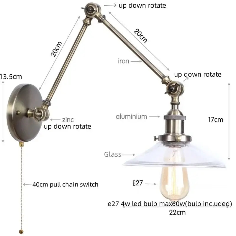 Adjustable vintage-style wall sconce with brass-finished iron and aluminum arm clear glass shade and e27 led bulb decorbites industrial adjustable wall sconce
