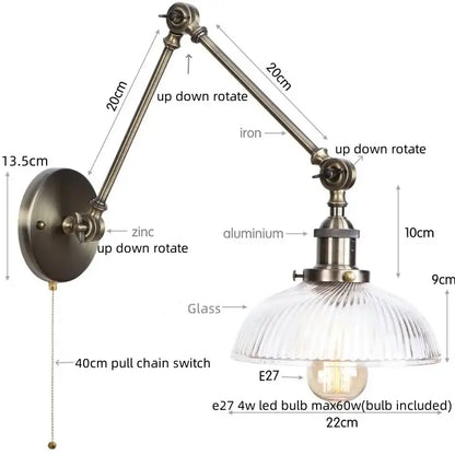 Industrial antique brass adjustable wall sconce with brass metal frame ribbed glass shade and e27 led bulb decorbites industrial adjustable