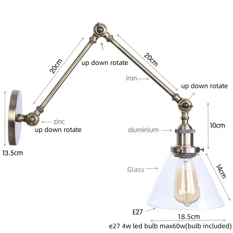 Industrial antique brass adjustable wall sconce with brass-finished zinc and aluminum arm and clear glass shade for bedroom decorbites industrial adjustable led lighting