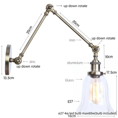 Industrial antique brass adjustable wall sconce with brass-finished arm, glass bell shade, and included e27 led bulb by decorbites industrial adjustable led