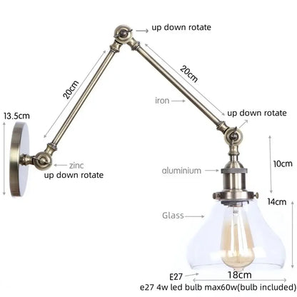 Adjustable vintage-style industrial antique brass wall sconce with brass iron arm and clear glass shade for bedroom decorbites industrial adjustable led lighting