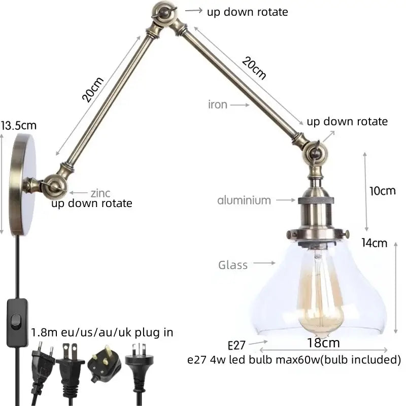 Industrial antique brass adjustable wall sconce with iron and aluminum arm and clear glass shade for bedroom decorbites industrial adjustable led lighting