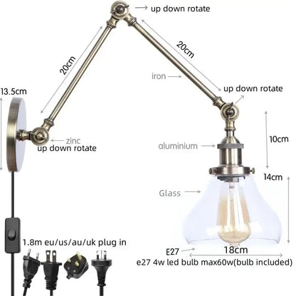 Industrial antique brass adjustable wall sconce with iron and aluminum arm and clear glass shade for bedroom decorbites industrial adjustable led lighting