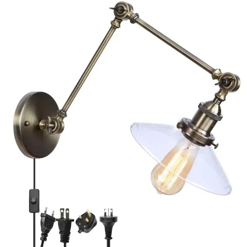 Antique brass industrial adjustable wall sconce with clear glass shade and exposed Edison bulb for bedroom decorbites led light