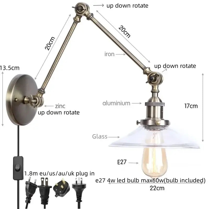 Adjustable vintage-style wall sconce with brass-finished iron and aluminum arm clear glass shade and e27 led bulb for decorbites industrial adjustable bedroom lighting