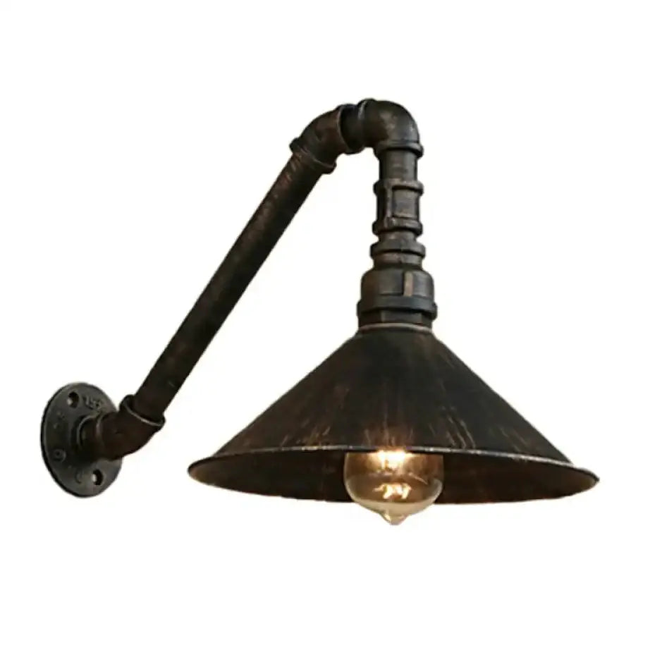 Decorbites™ farmhouse style antique brass wall sconce with dark weathered metal and antique brass cone featuring exposed bulb