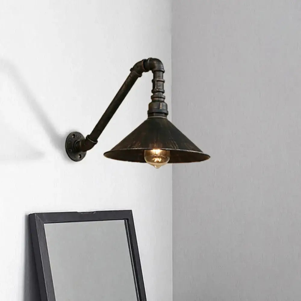 DecorBites™ farmhouse style antique brass wall sconce with black pipe and antique brass cone for dining room lighting