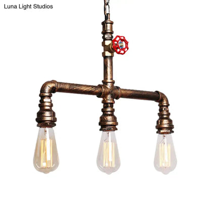 DecorBites vintage antique brass pendant light with three filament bulbs and red valve handle 220v-240v 110v-120v