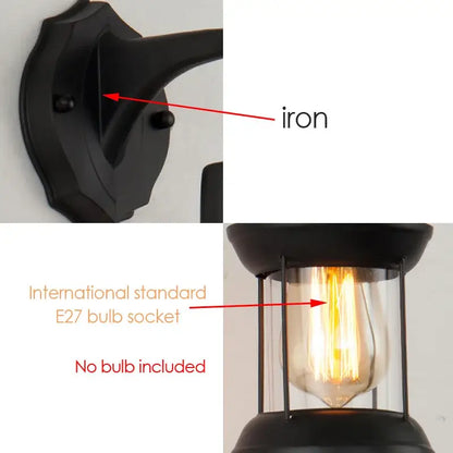 Black iron wall lamp with vintage glass lantern and e27 bulb socket for decorbites industrial glass wall lighting