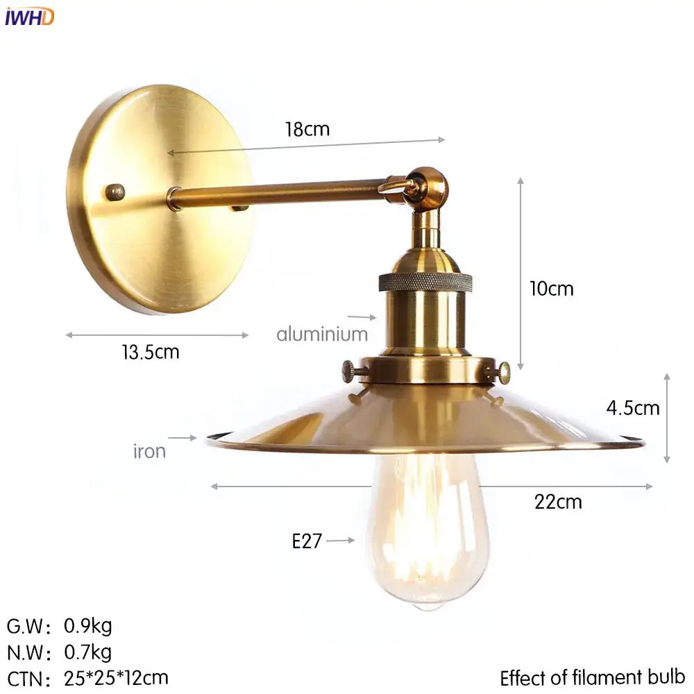 Brass-finished industrial wall light with adjustable arm and wide conical shade for decorbites antique gold rustic decor