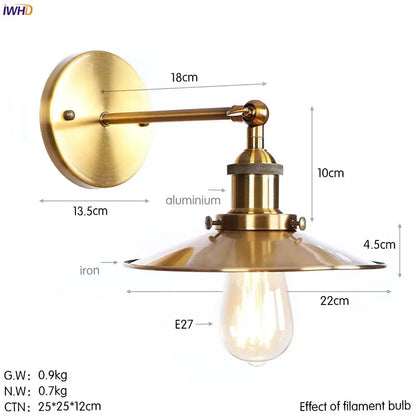 Brass-finished industrial wall light with adjustable arm and wide conical shade for decorbites antique gold rustic decor