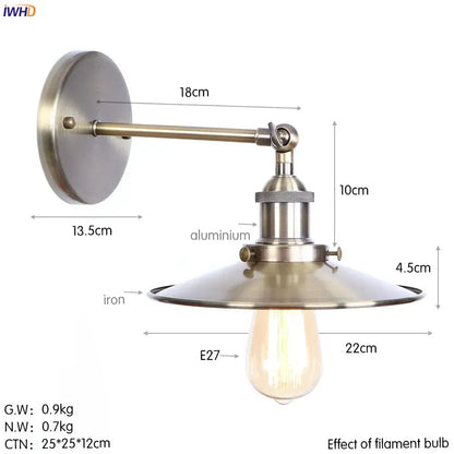 Industrial antique gold rustic wall light with brushed brass finish aluminum arm iron base and exposed filament bulb for decorbites