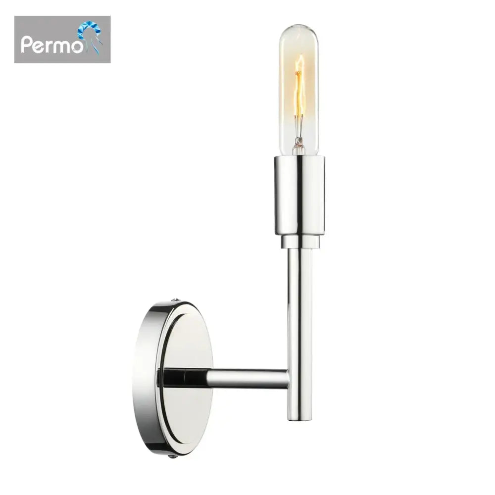Chrome-finished permo wall lamp with slender vertical stem and vintage filament bulb in decorbites industrial antique metal style