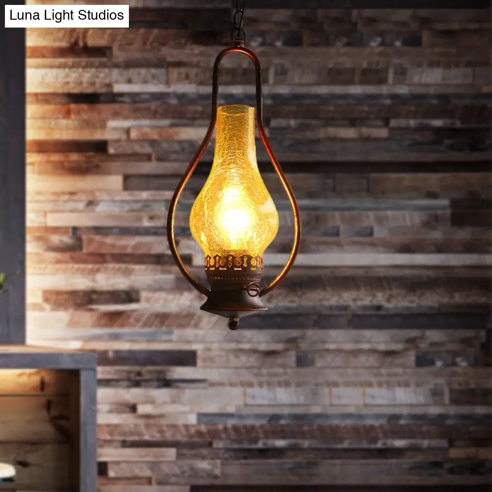 Industrial Antique Pendant Light with Crackle Glass for Living Room - Copper/Bronze Finish