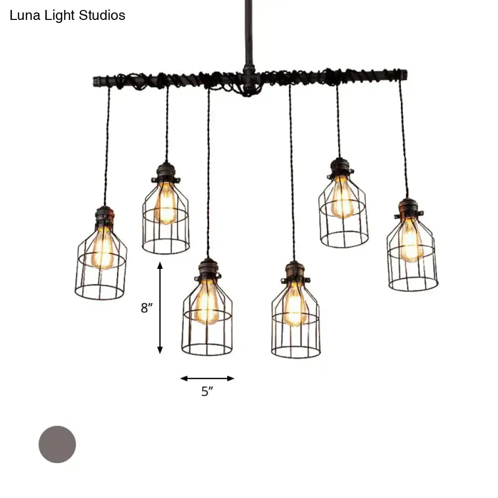 Industrial-style black metal pendant light with five hanging cage lights in antique style bronze iron design for dining room