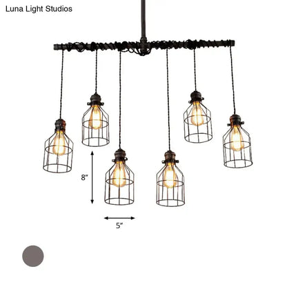 Industrial-style black metal pendant light with five hanging cage lights in antique style bronze iron design for dining room