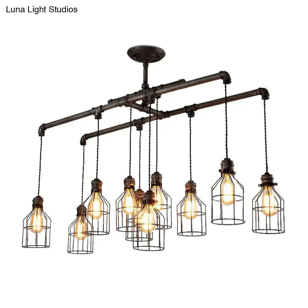 Decorbites antique style bronze iron pendant light with dark metal pipes and wire cage bulbs ideal for dining room lighting