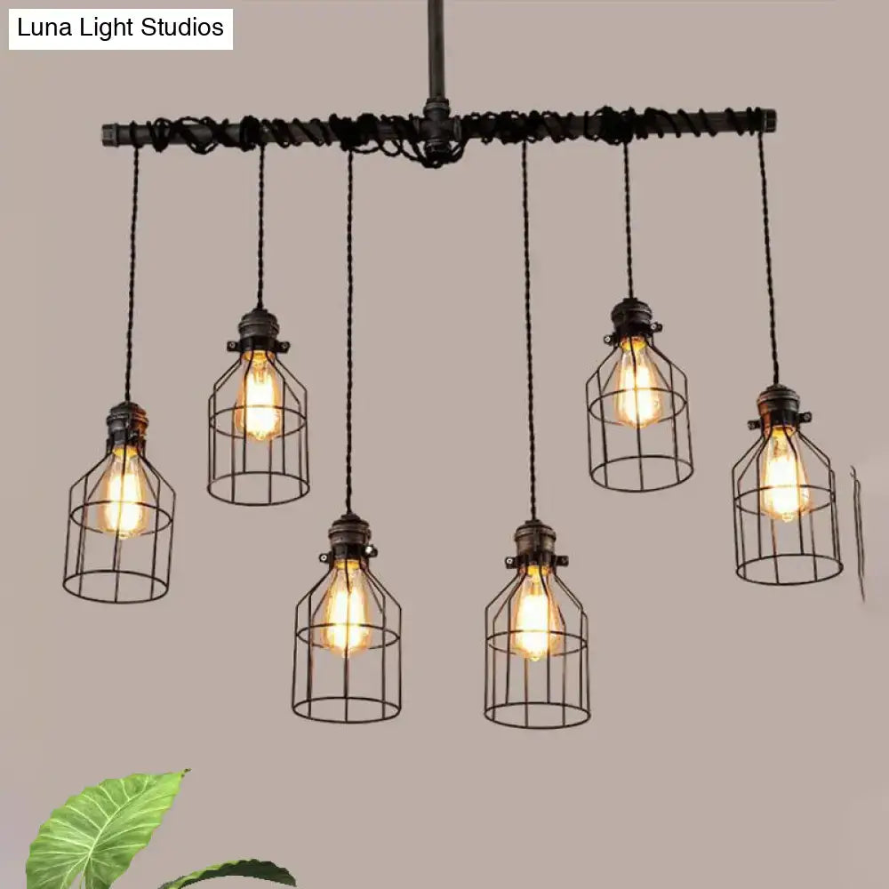 Industrial-style black metal pendant light with five hanging cage lights in antique style bronze iron for dining room lighting