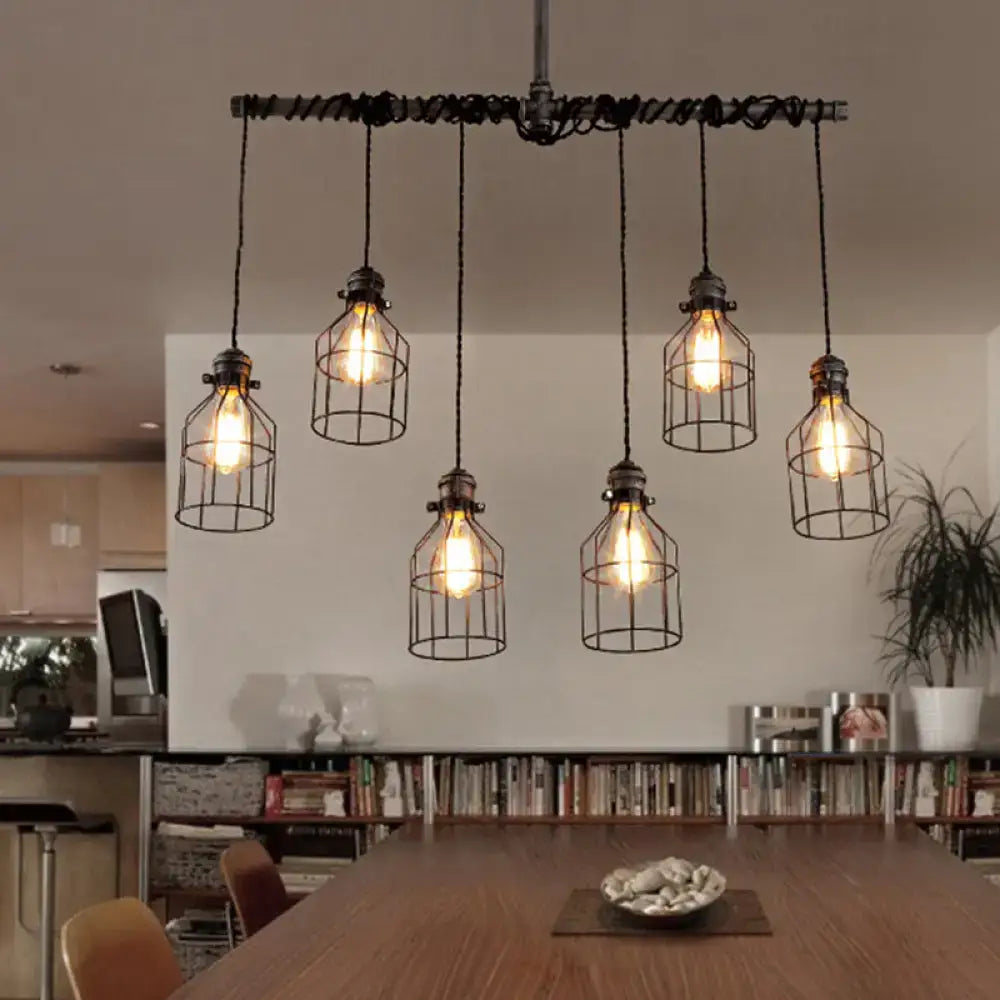 Industrial-style black metal pendant light fixture with five exposed bulb cages in antique style bronze iron for dining room lighting