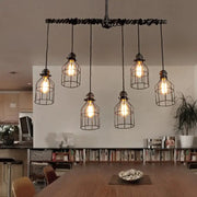 Industrial-style black metal pendant light fixture with five exposed bulb cages in antique style bronze iron for dining room lighting
