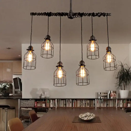 Industrial-style black metal pendant light fixture with five exposed bulb cages in antique style bronze iron for dining room lighting