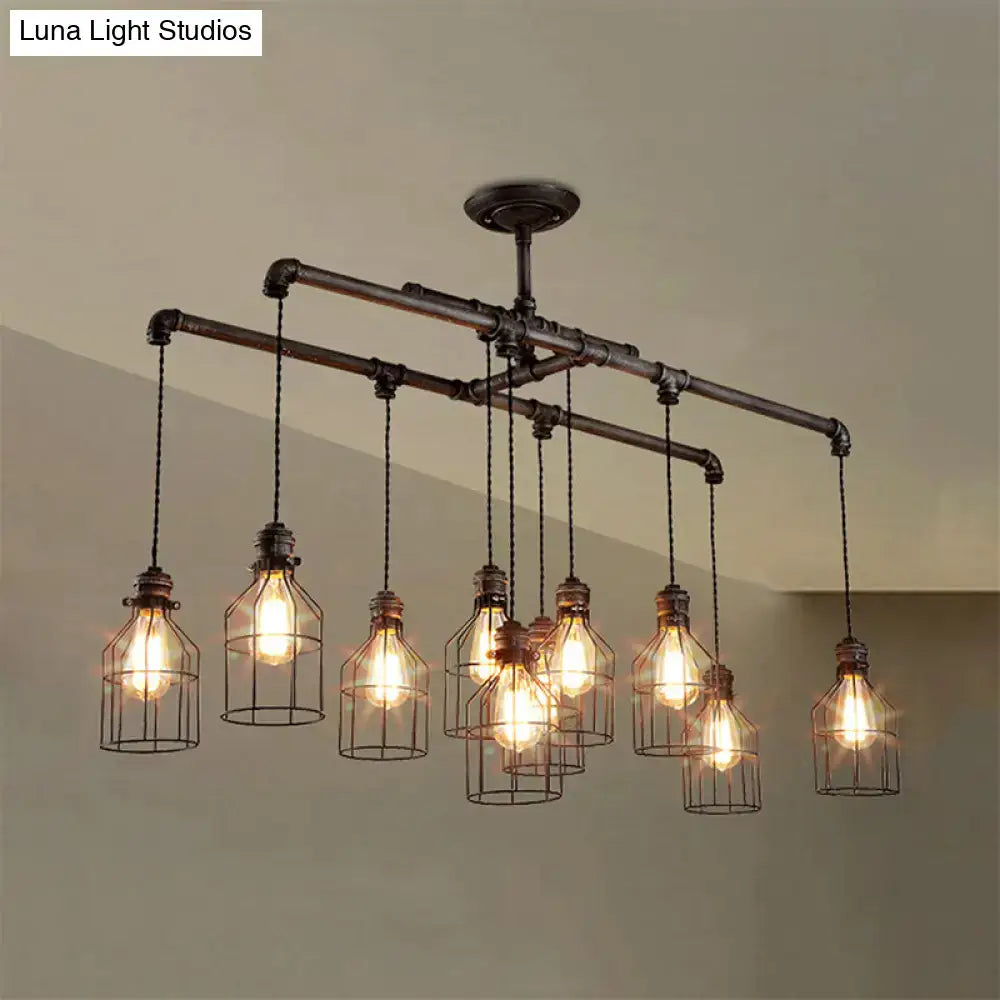 Industrial-style pendant light with antique style bronze iron pipes and six hanging bulb cages ideal for dining rooms