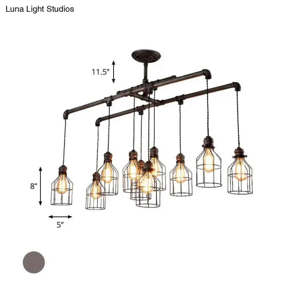 Industrial style bronze iron pendant light with dark bronze pipe frame and wire-caged bulbs for dining room lighting