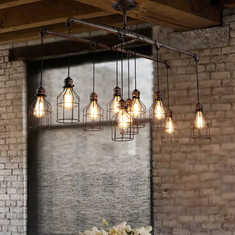 Industrial-style pendant light with antique style bronze iron cage bulbs and rustic pipe design ideal for dining room lighting