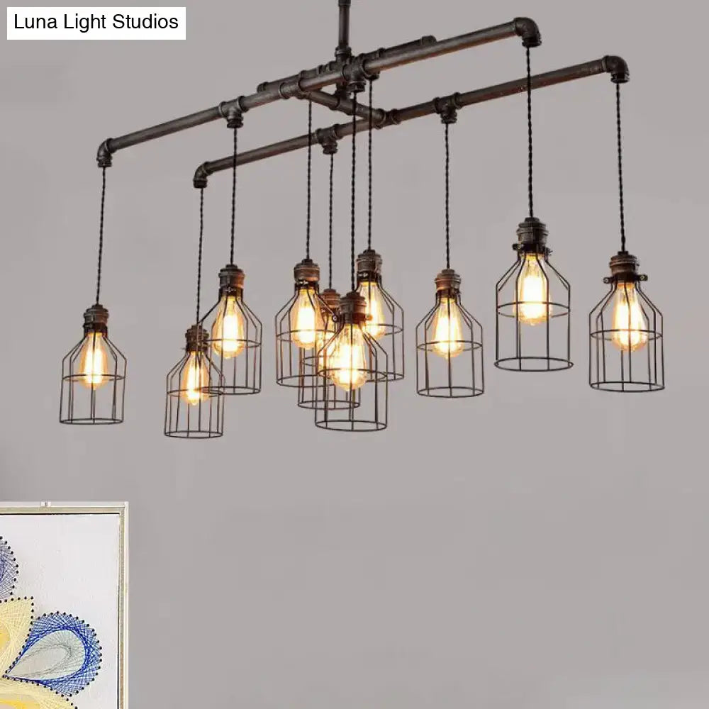 Industrial-style pendant light with antique style bronze iron frame and six bulb cage lanterns ideal for dining rooms