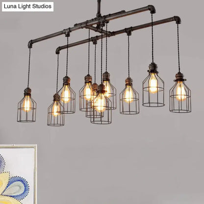Industrial-style pendant light with antique style bronze iron frame and six bulb cage lanterns ideal for dining rooms