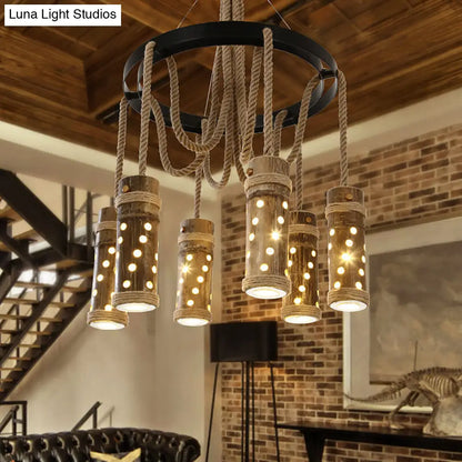 Industrial Bamboo Tube Chandelier Light - Black Cutout Design, 6 Bulbs, Living Room Drop Lamp with Rope