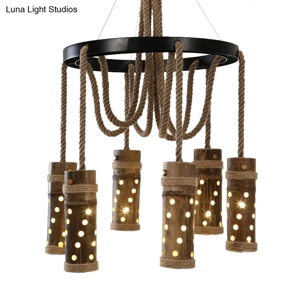 Industrial Bamboo Tube Chandelier Light - Black Cutout Design, 6 Bulbs, Living Room Drop Lamp with Rope
